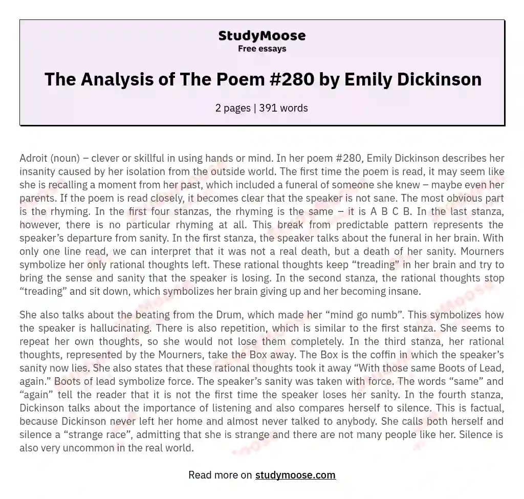 The Analysis of The Poem #280 by Emily Dickinson