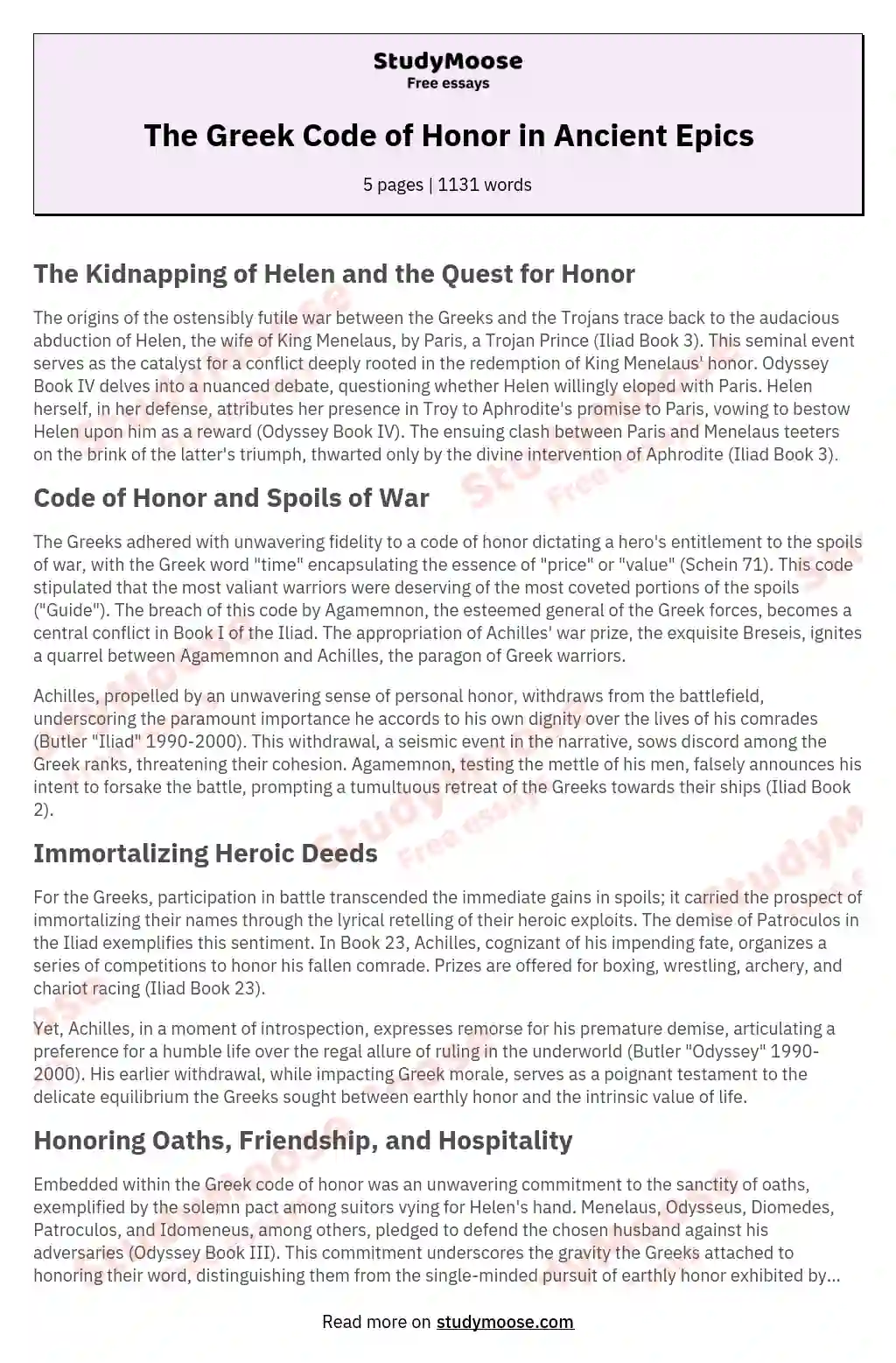 The ancient greek code of honor as demonstrated in Iliad and Odyssey