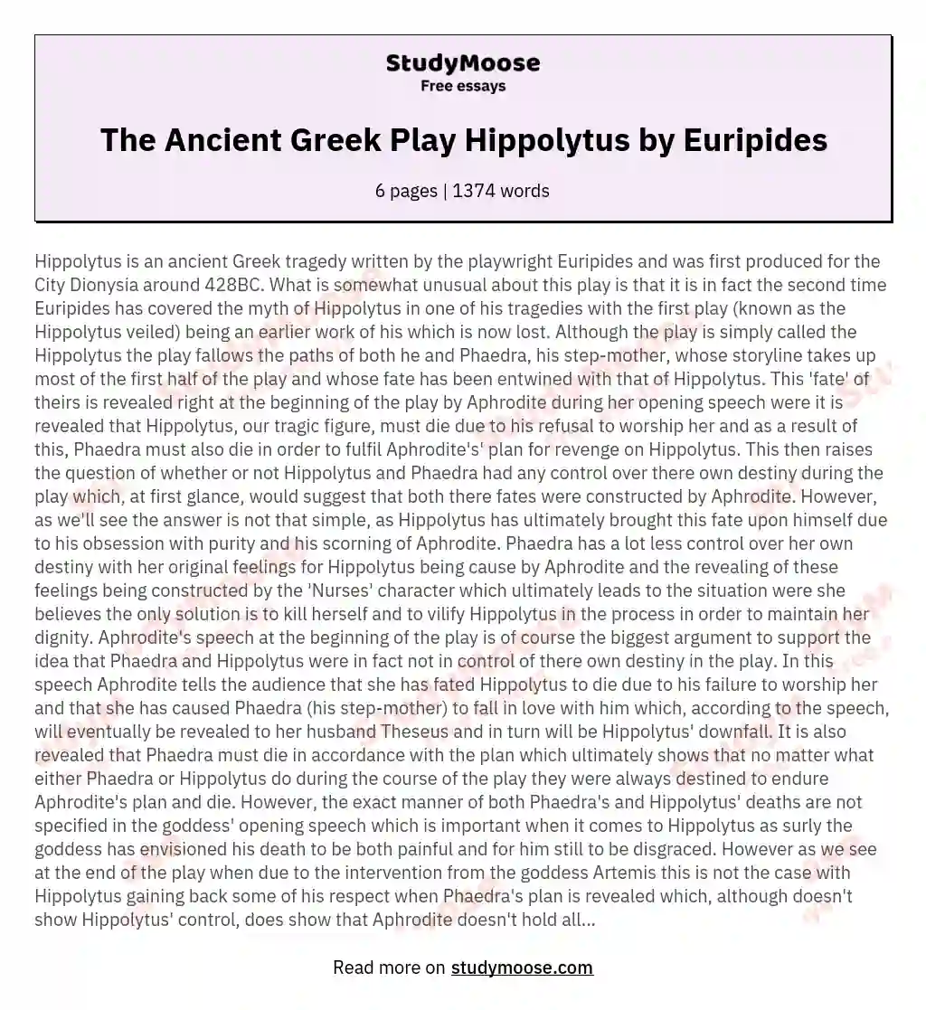 The Ancient Greek Play Hippolytus by Euripides essay