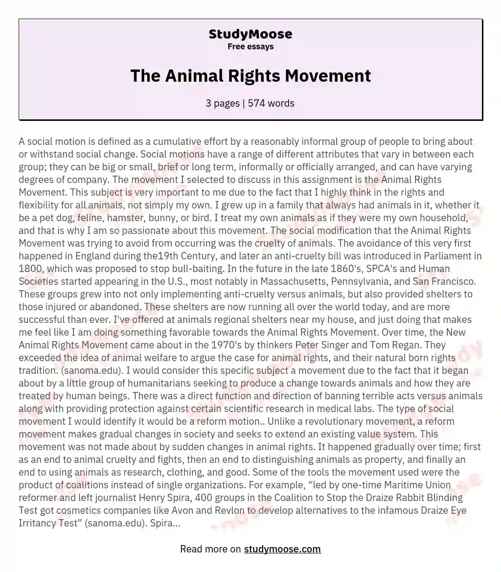 The Animal Rights Movement Free Essay Example