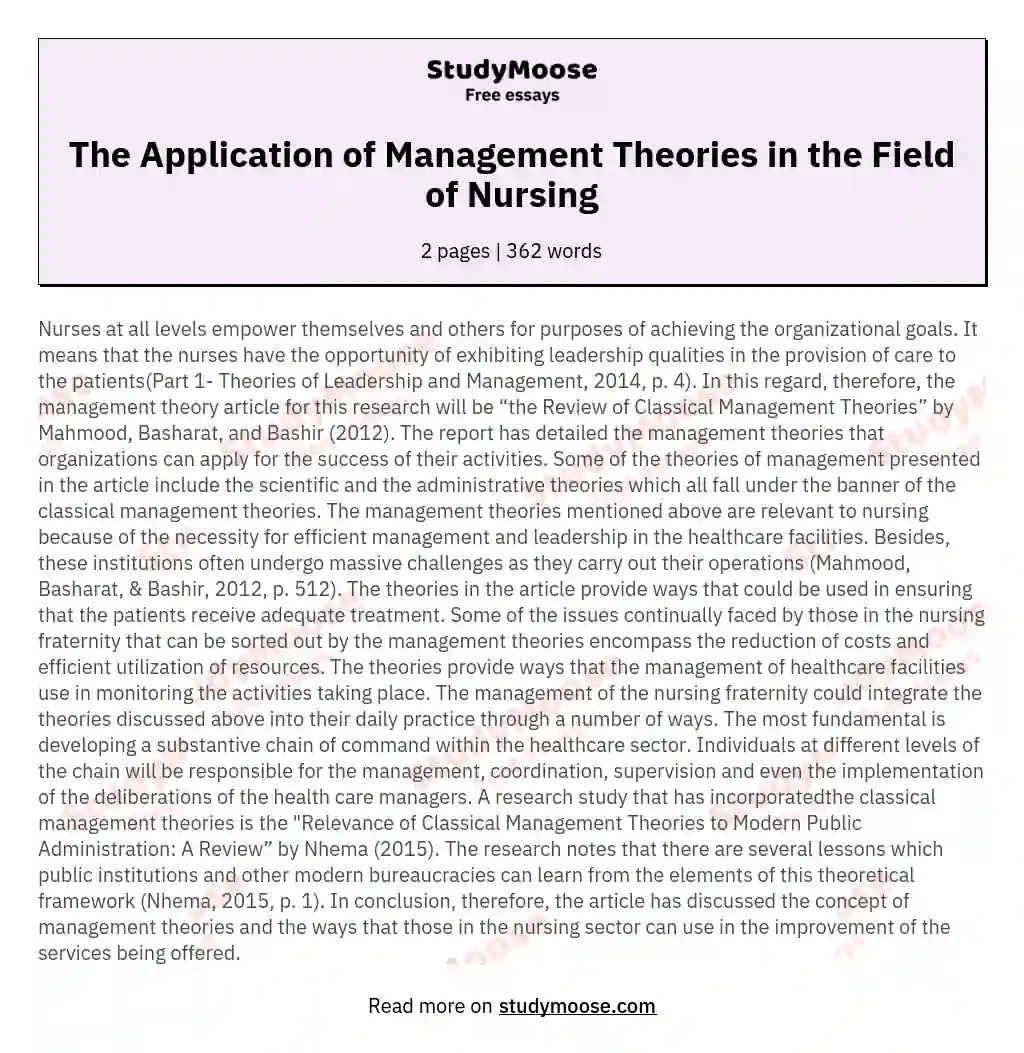 The Application of Management Theories in the Field of Nursing essay
