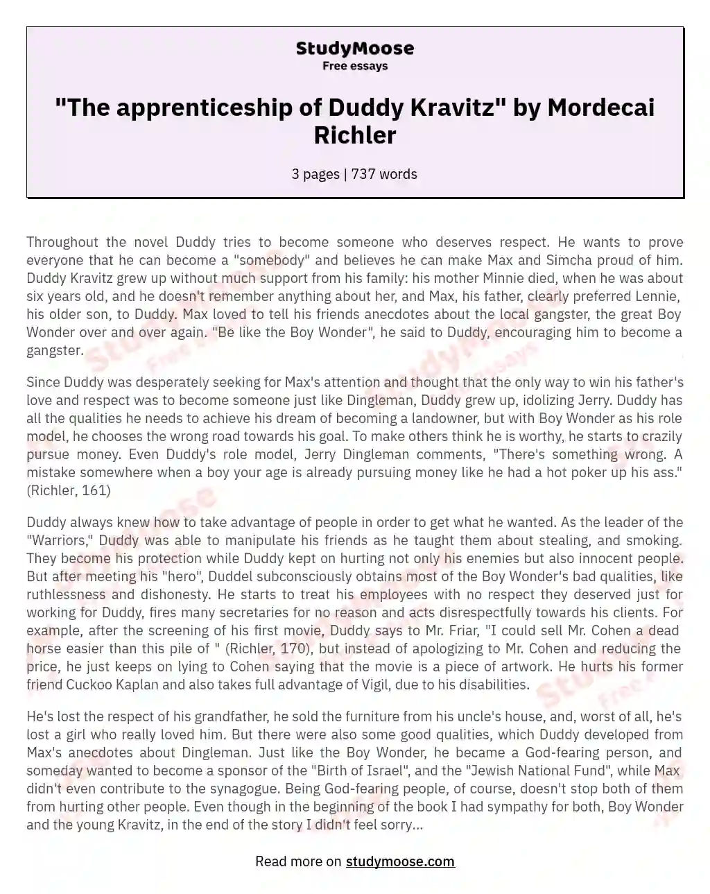 The Moral Odyssey of Duddy Kravitz: Ambition, Integrity, and Redemption essay