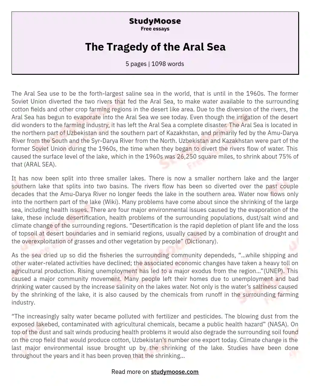 The Tragedy of the Aral Sea essay