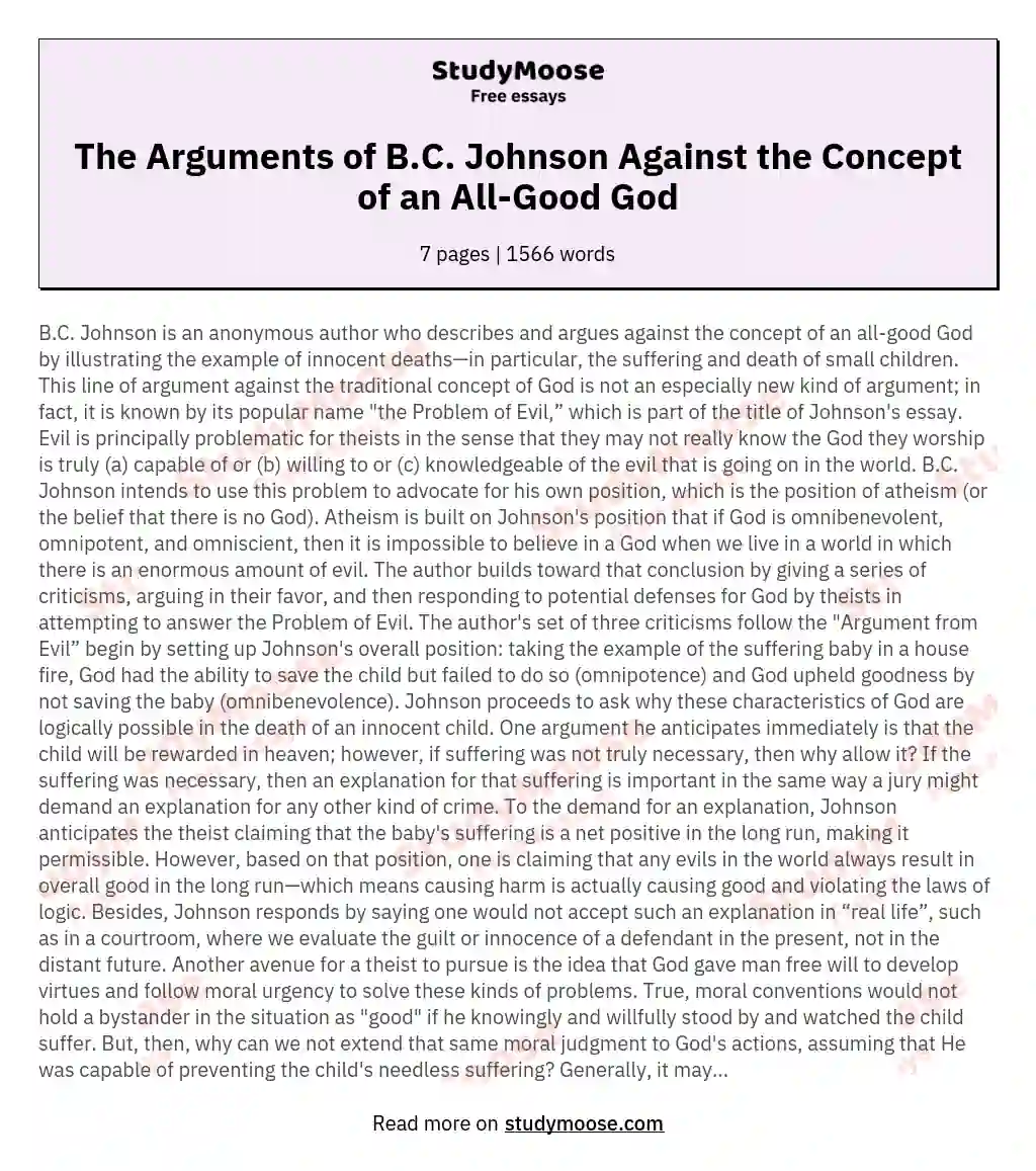 The Arguments of B.C. Johnson Against the Concept of an All-Good God essay