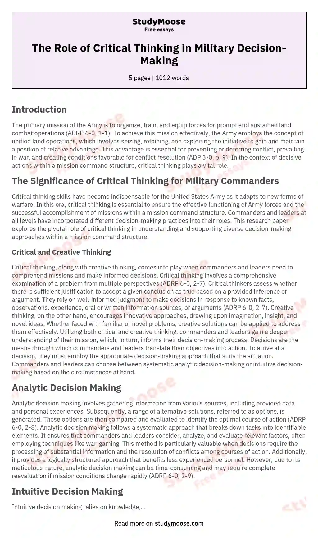 The Role of Critical Thinking in Military Decision-Making essay