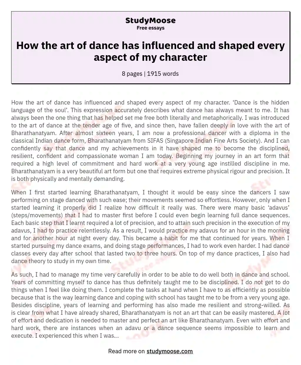 How the art of dance has influenced and shaped every aspect of my character essay