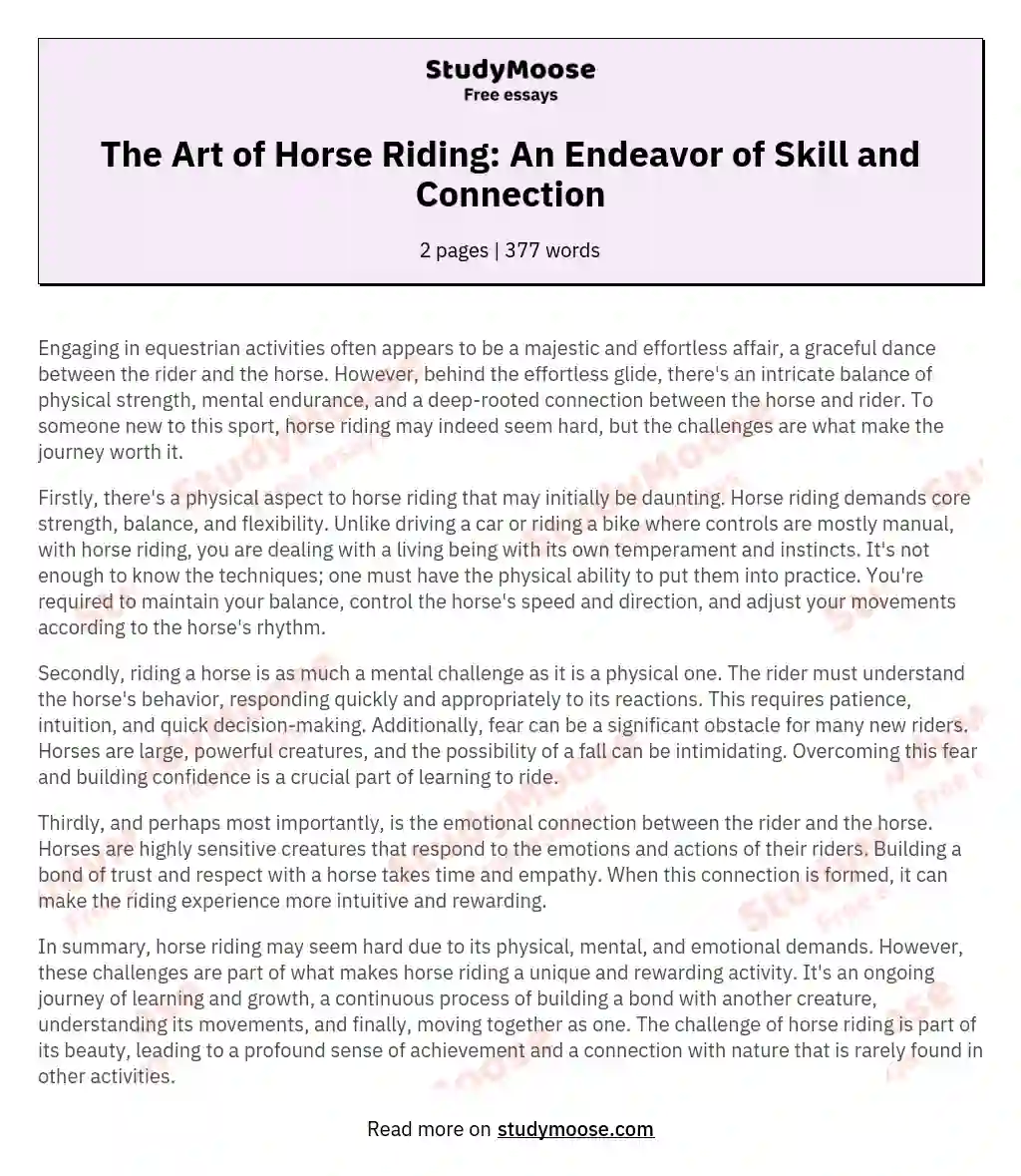 The Art of Horse Riding: An Endeavor of Skill and Connection essay