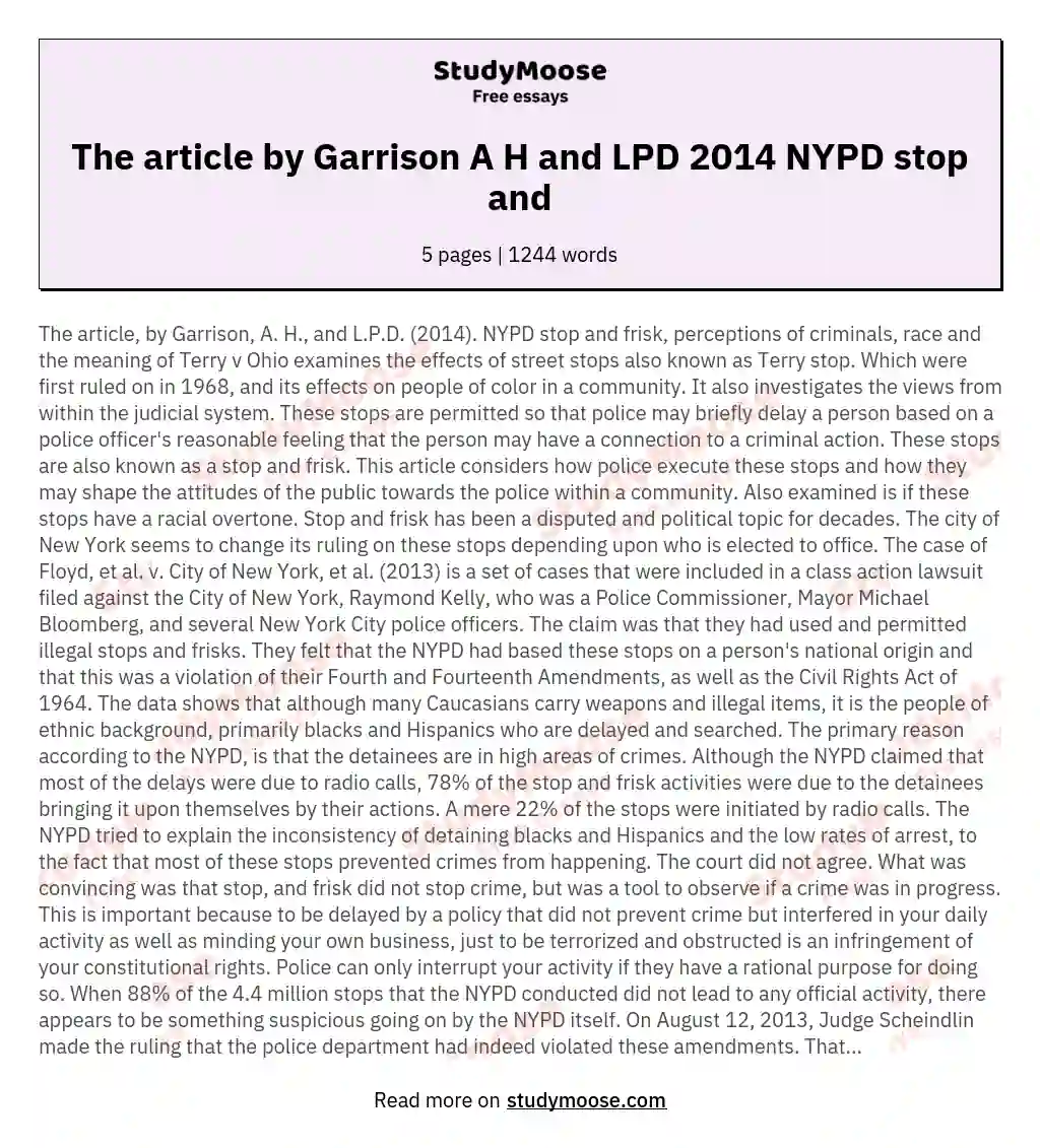 The article by Garrison A H and LPD 2014 NYPD stop and essay