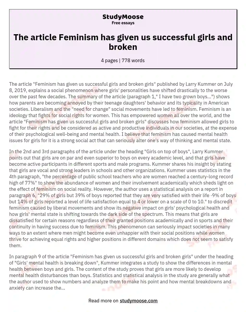 The article Feminism has given us successful girls and broken