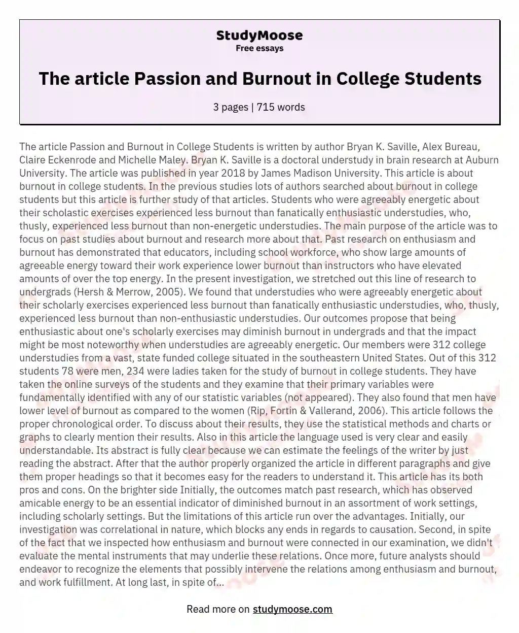 The article Passion and Burnout in College Students