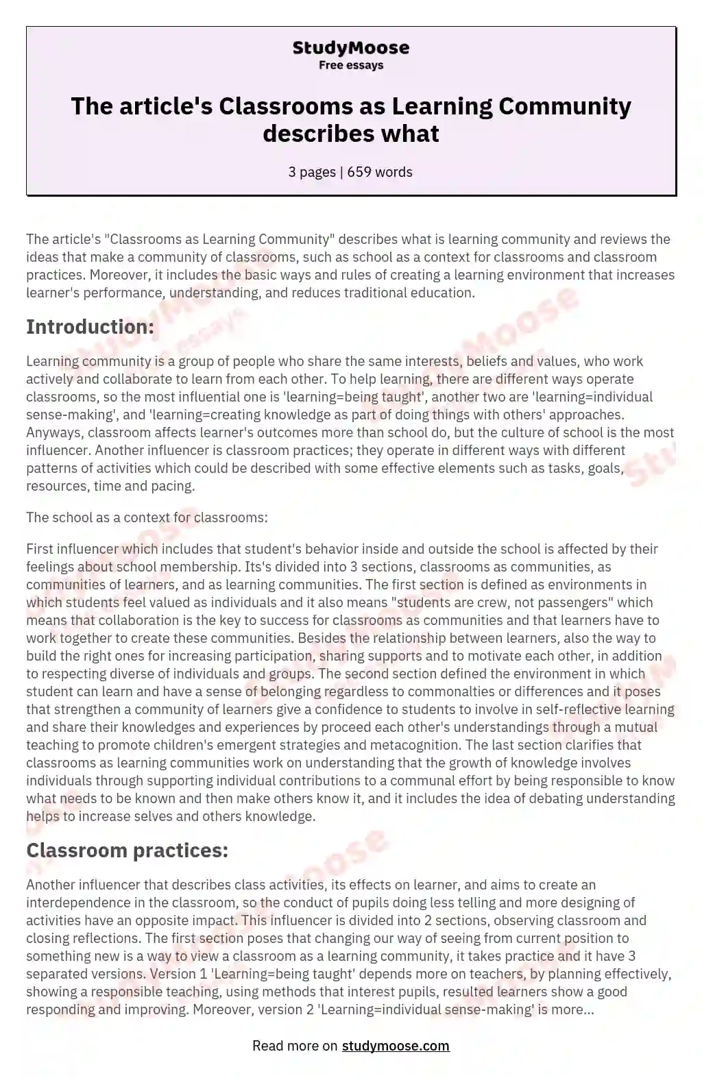 The article's Classrooms as Learning Community describes what essay
