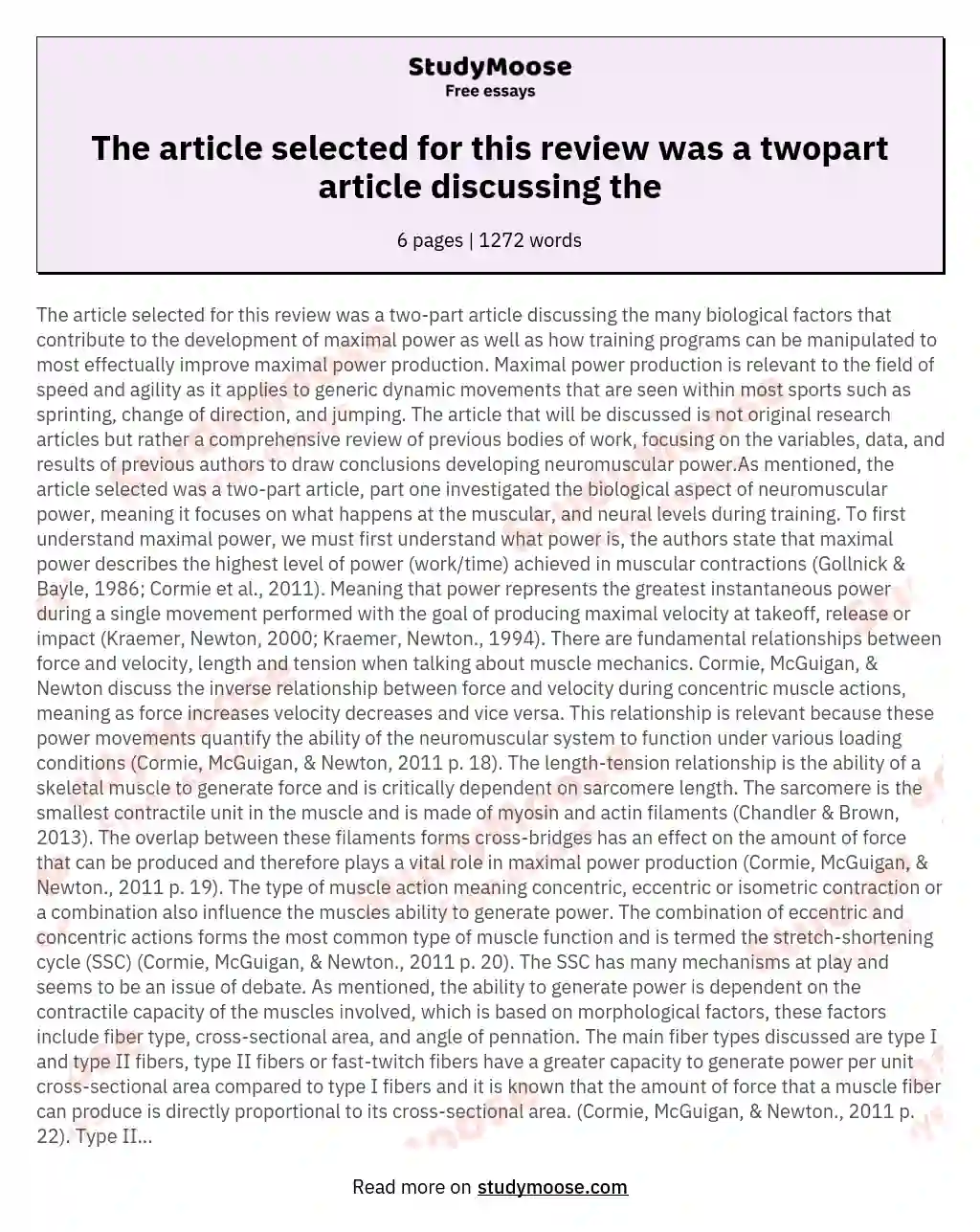 The article selected for this review was a twopart article discussing the