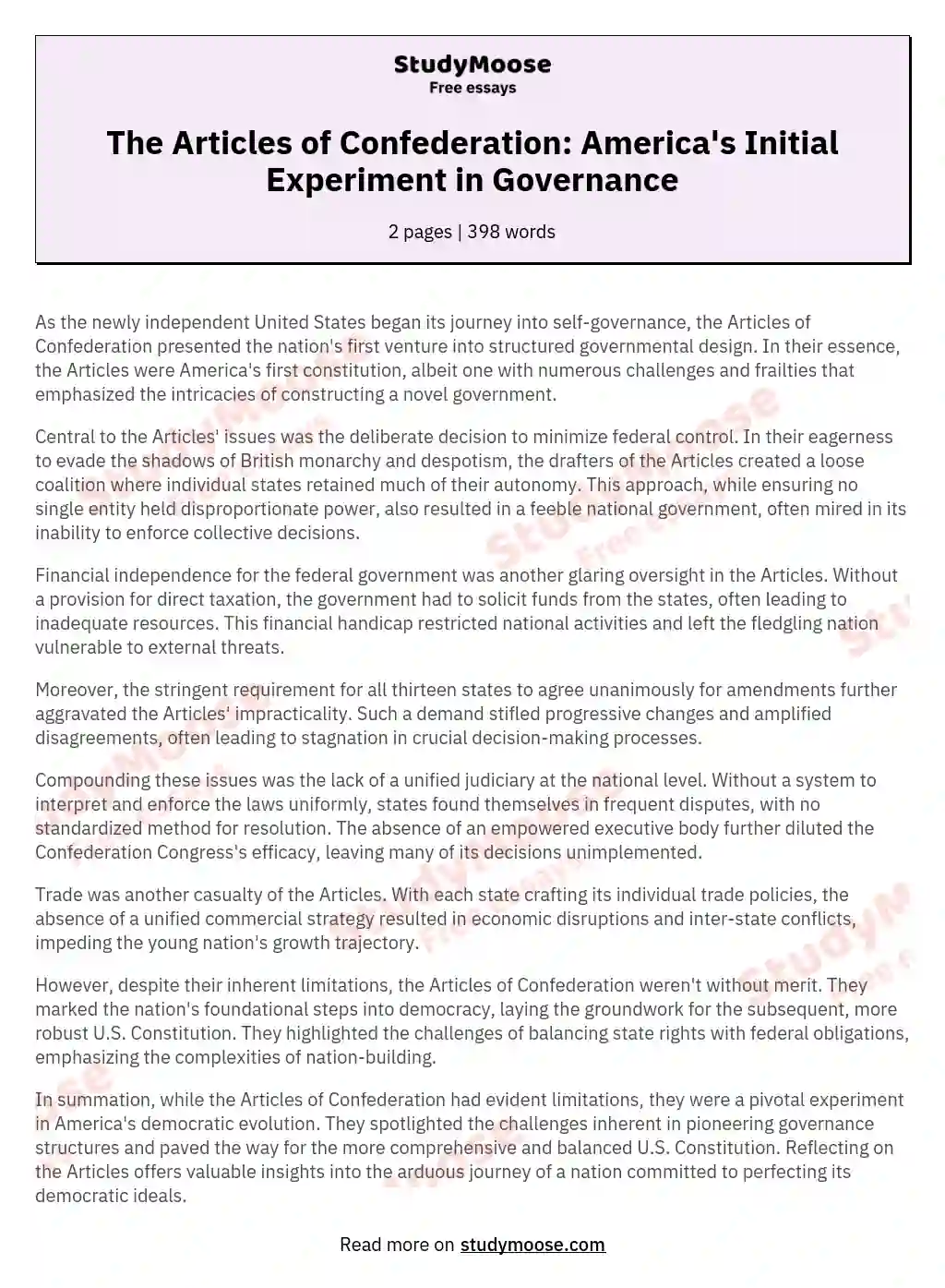 The Articles of Confederation: America's Initial Experiment in Governance essay