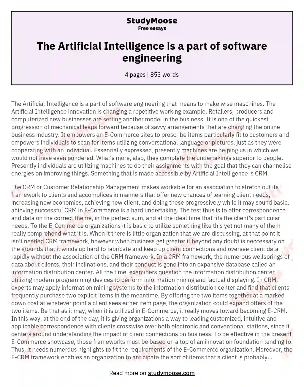The Artificial Intelligence is a part of software engineering essay