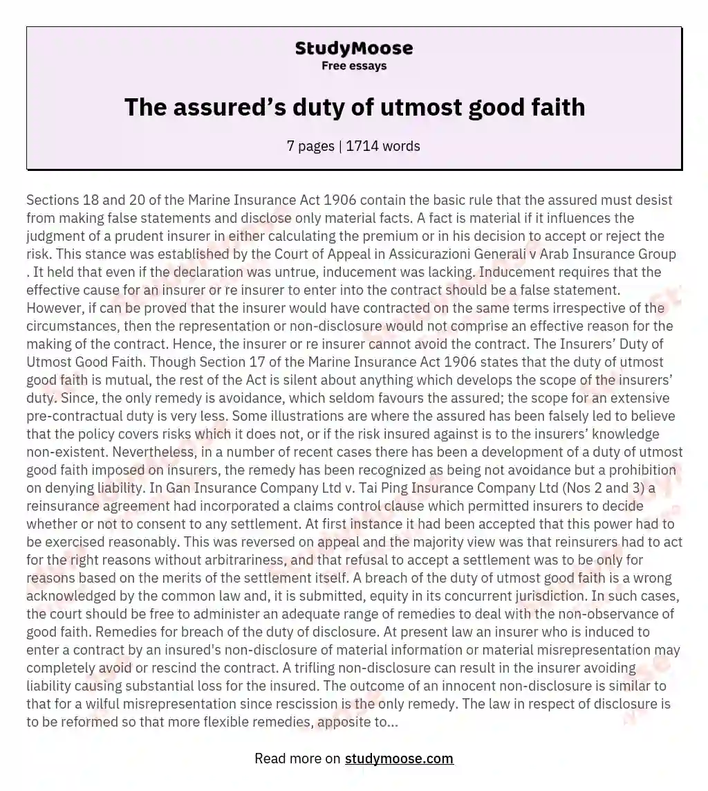 The assured’s duty of utmost good faith