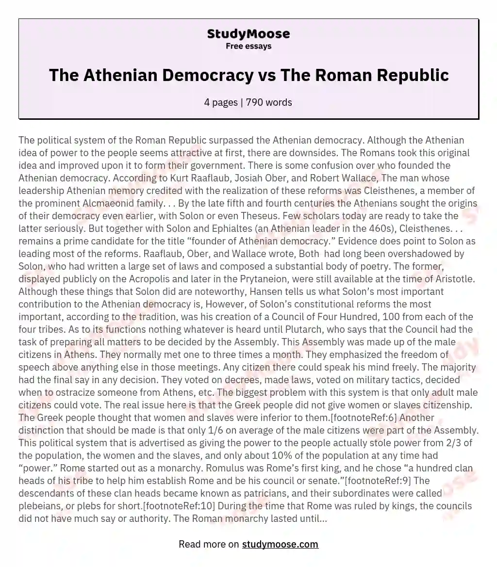 The Athenian Democracy vs The Roman Republic essay