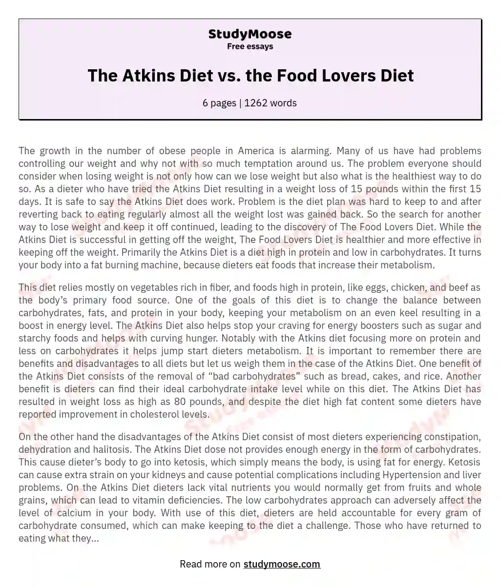 The Atkins Diet vs. the Food Lovers Diet essay