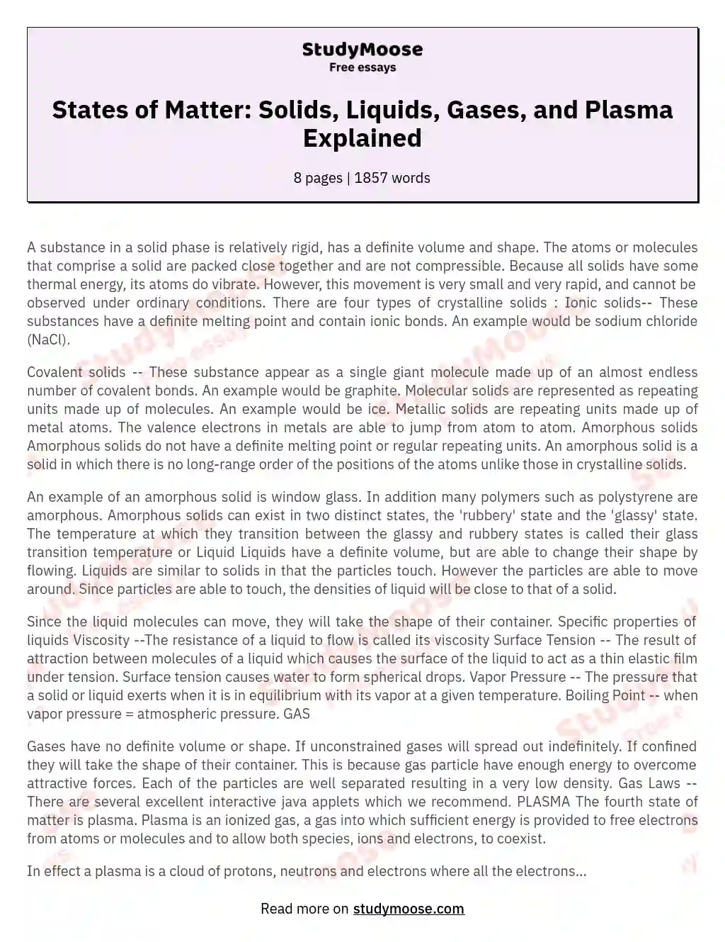 States of Matter: Solids, Liquids, Gases, and Plasma Explained essay