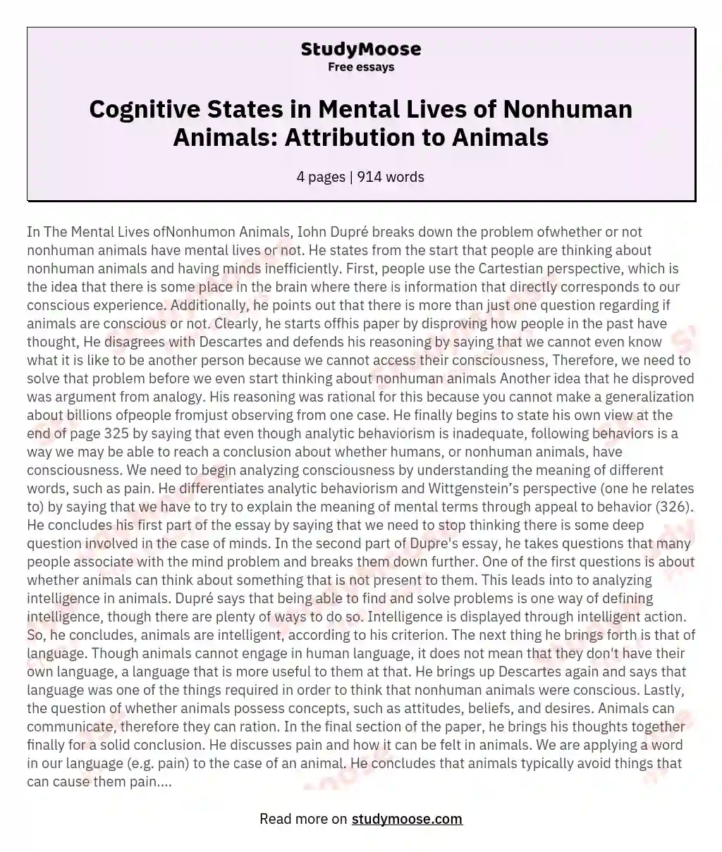 Cognitive States in Mental Lives of Nonhuman Animals: Attribution to Animals essay