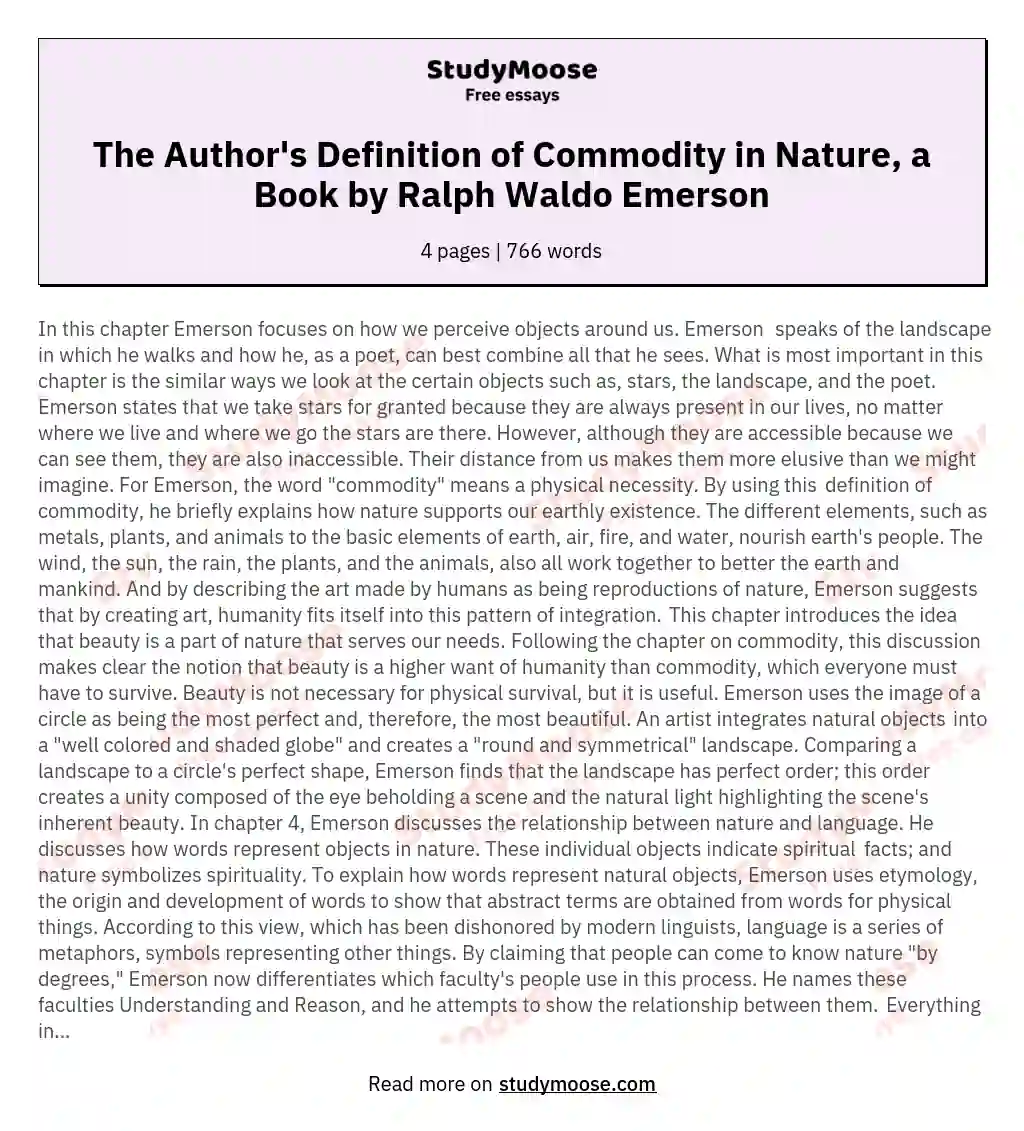 The Author's Definition of Commodity in Nature, a Book by Ralph Waldo Emerson essay