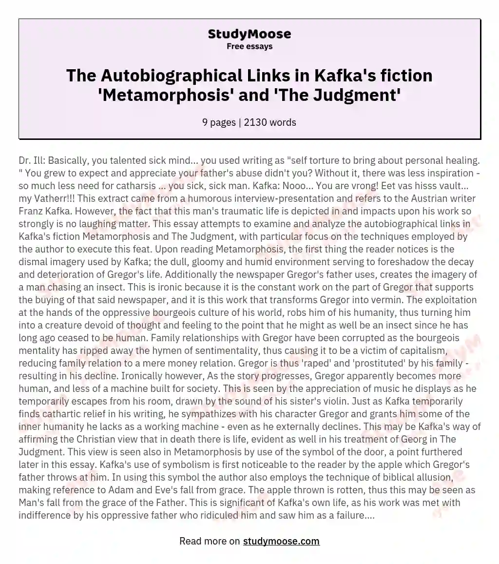 The Autobiographical Links in Kafka's fiction 'Metamorphosis' and 'The Judgment'