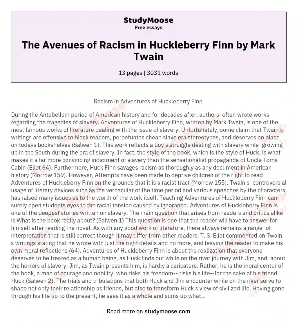 The Avenues of Racism in Huckleberry Finn by Mark Twain