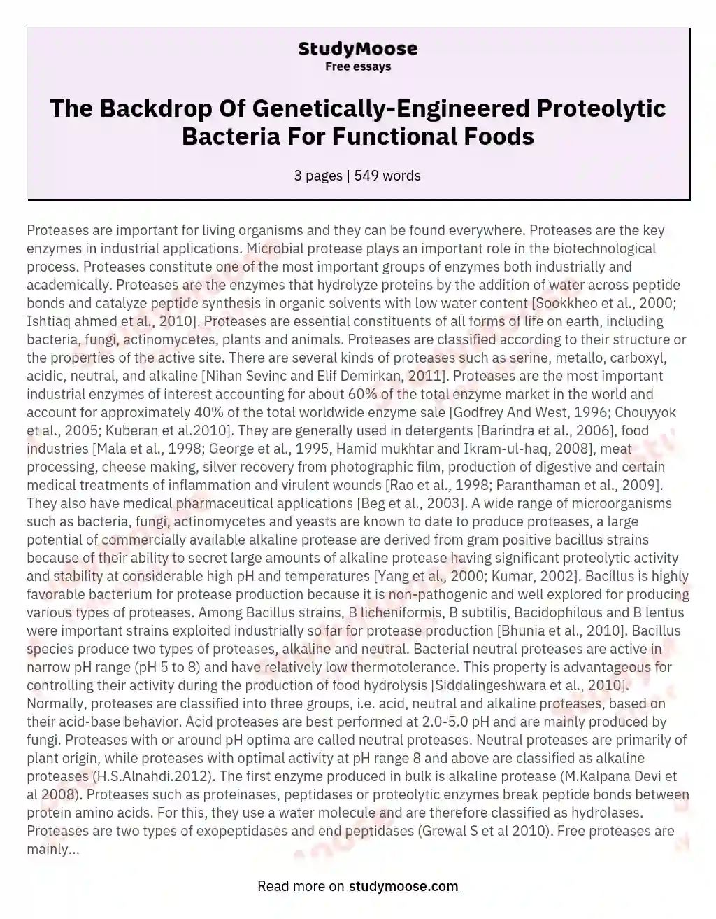 The Backdrop Of Genetically-Engineered Proteolytic Bacteria For Functional Foods essay