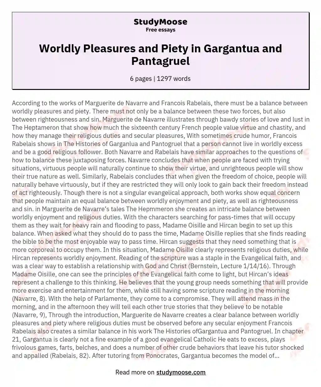 Worldly Pleasures and Piety in Gargantua and Pantagruel essay