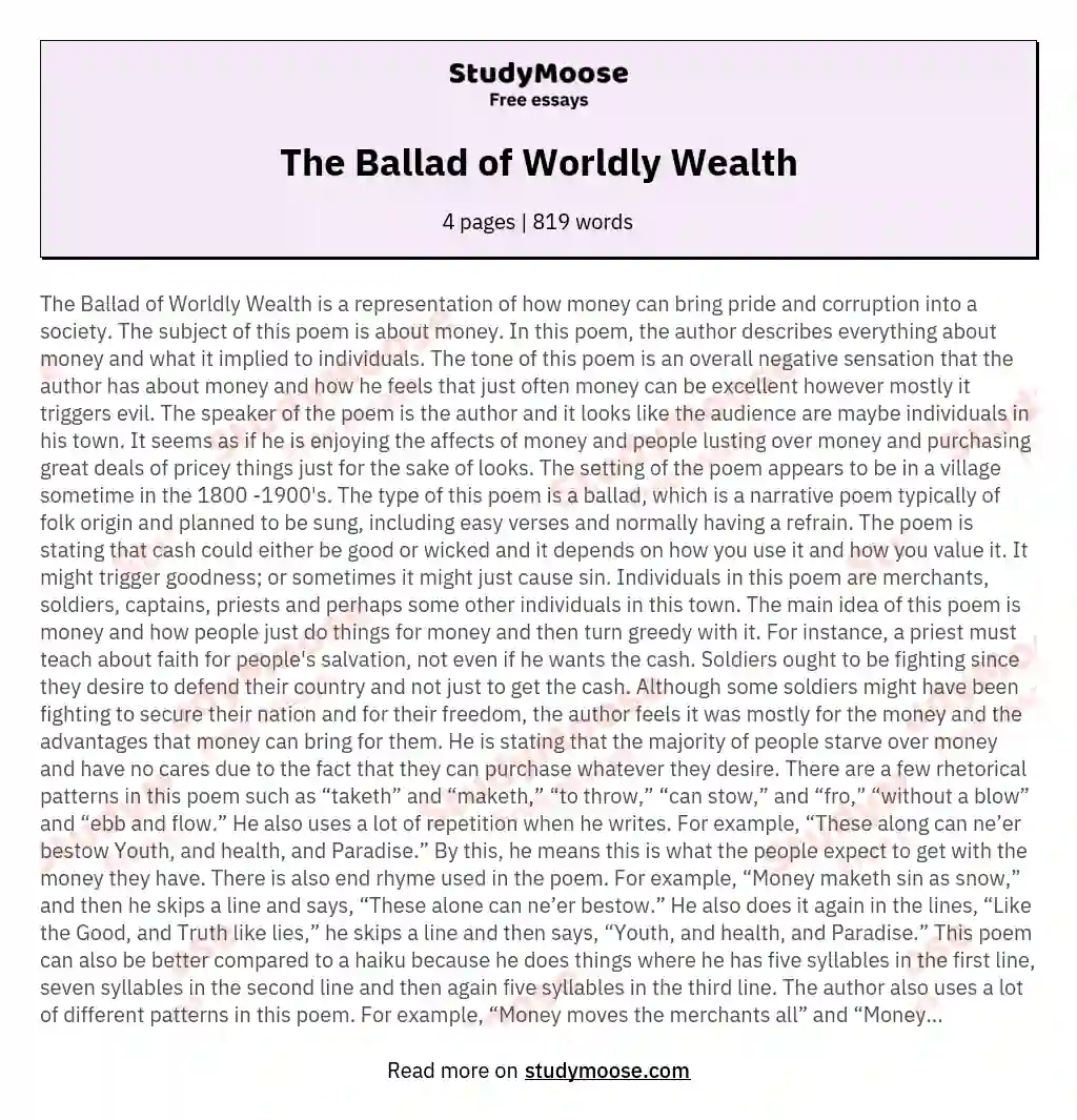 The Ballad of Worldly Wealth essay