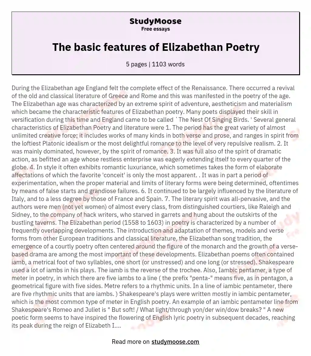 The basic features of Elizabethan Poetry essay