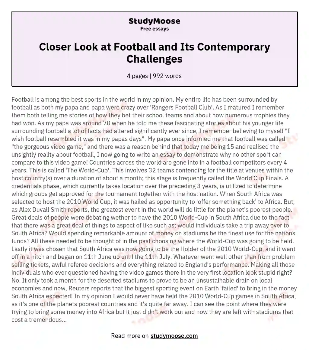 Closer Look at Football and Its Contemporary Challenges essay