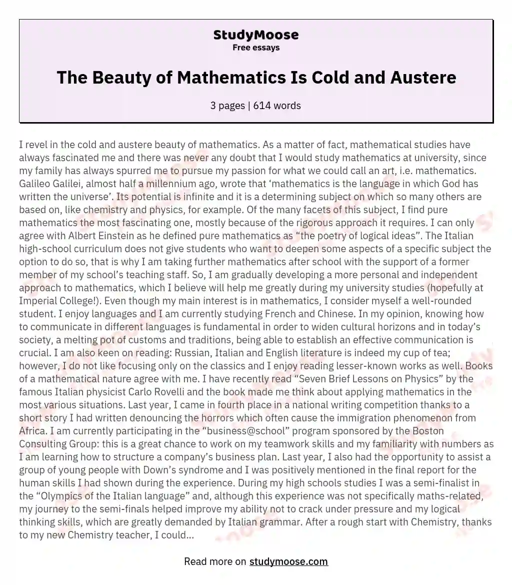 The Beauty of Mathematics Is Cold and Austere essay