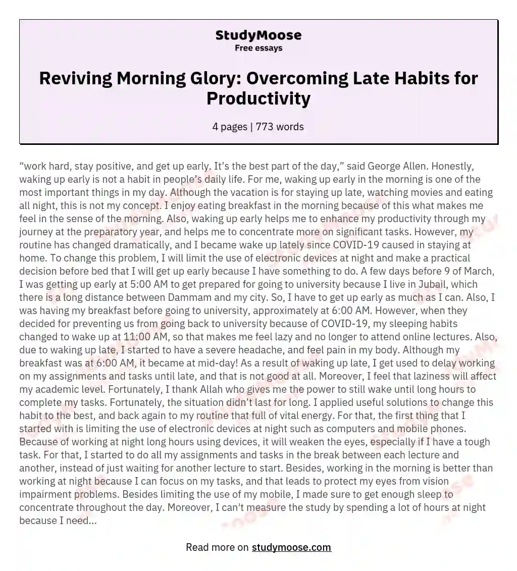 Reviving Morning Glory: Overcoming Late Habits for Productivity essay