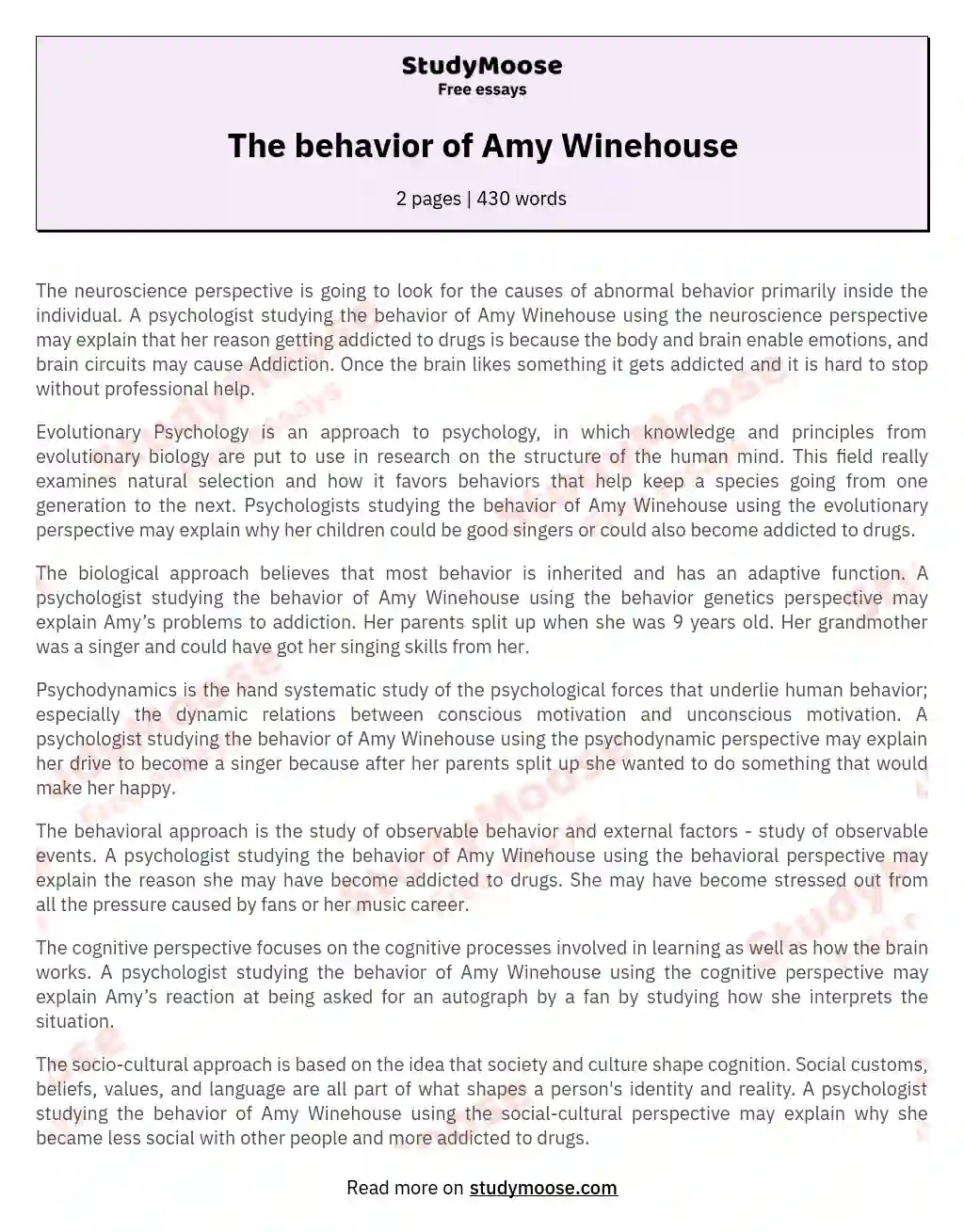 The behavior of Amy Winehouse essay