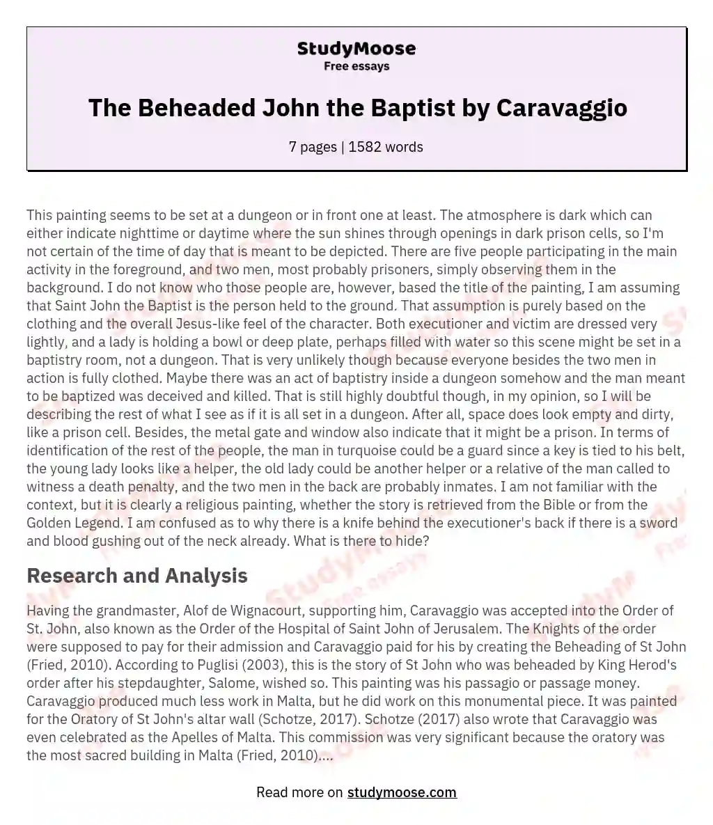 The Beheaded John the Baptist by Caravaggio essay