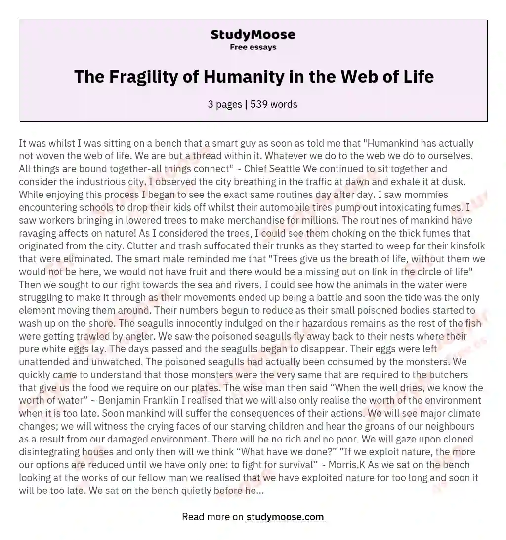 The Fragility of Humanity in the Web of Life essay
