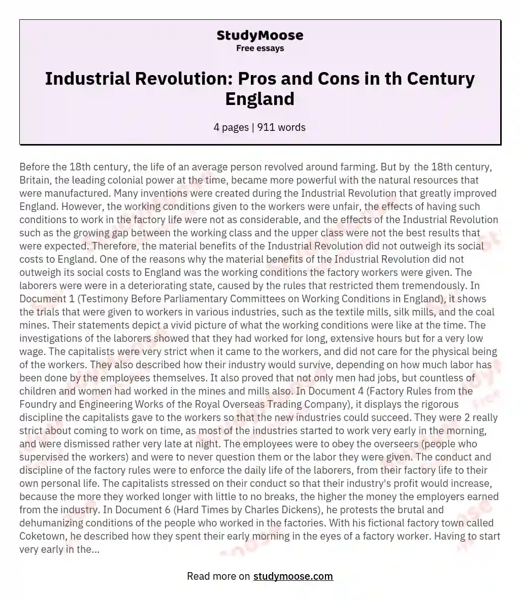 Industrial Revolution: Pros and Cons in th Century England essay