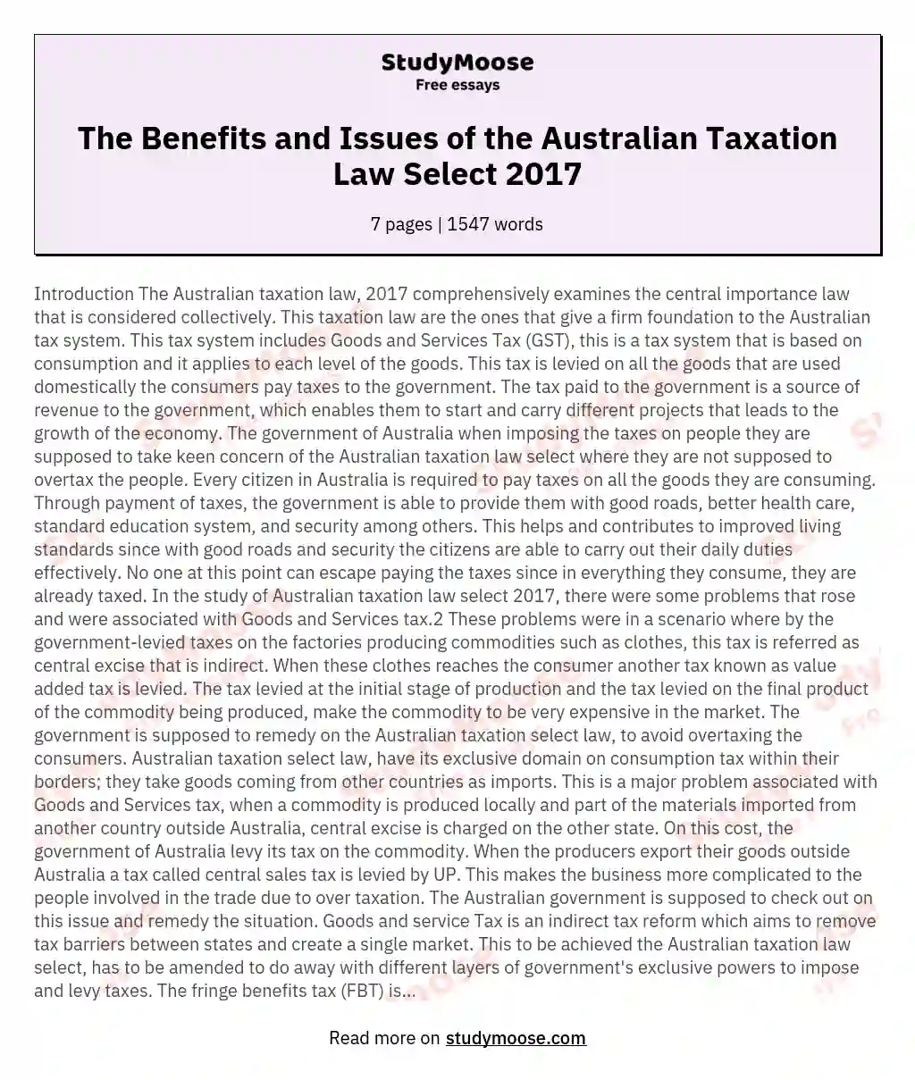 The Benefits and Issues of the Australian Taxation Law Select 2017 essay