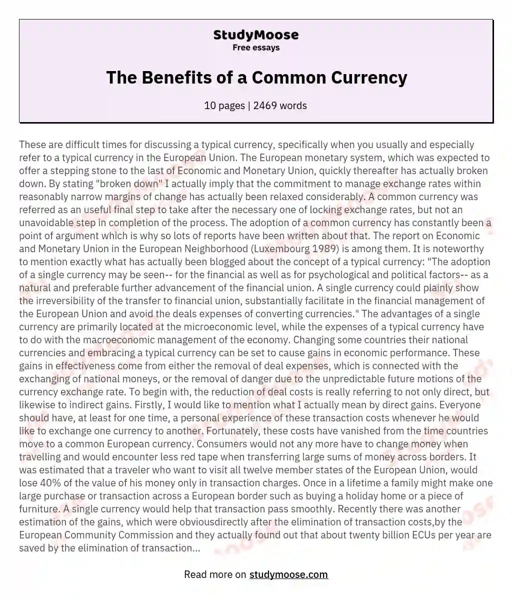 The Benefits of a Common Currency essay