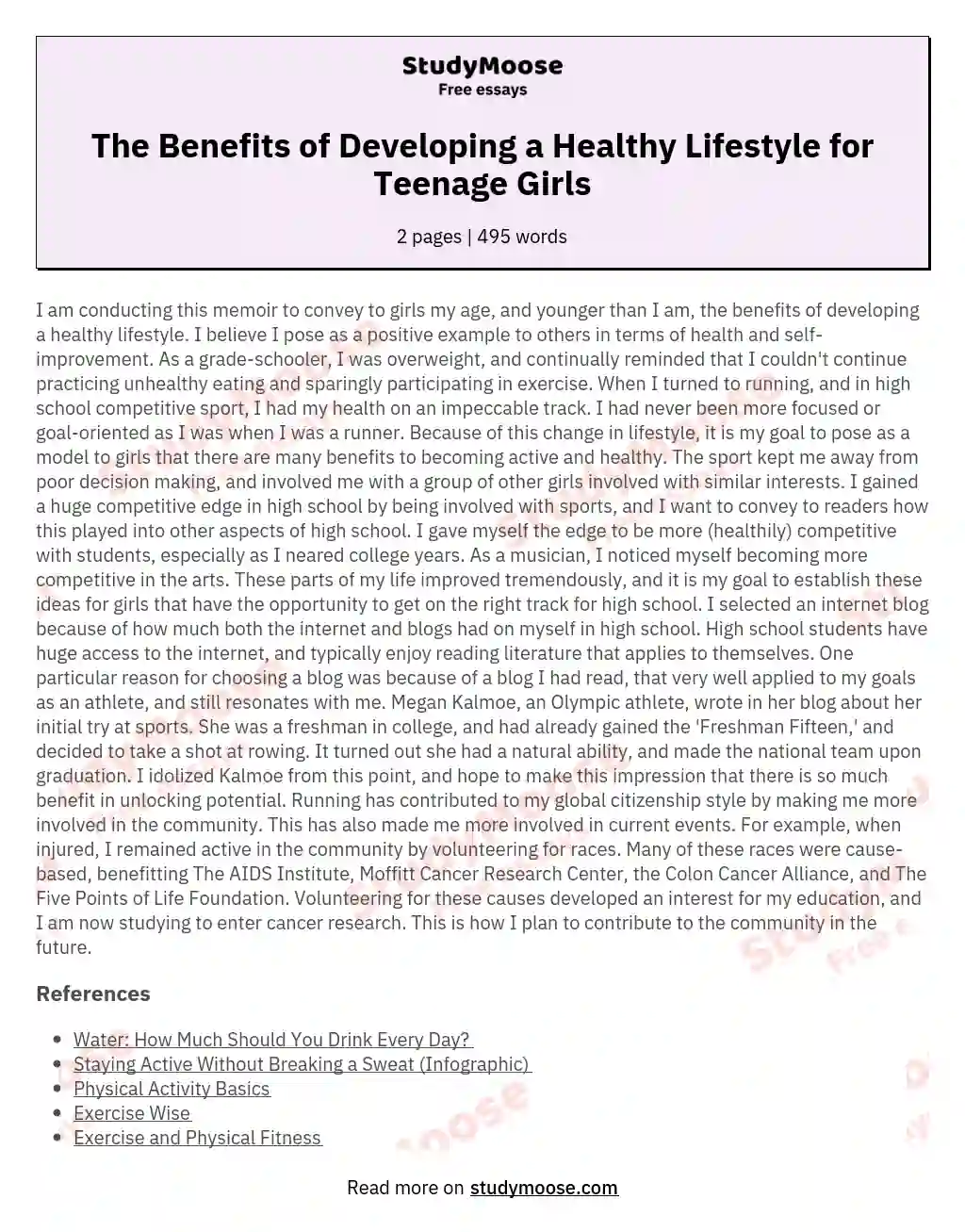 The Benefits of Developing a Healthy Lifestyle for Teenage Girls essay