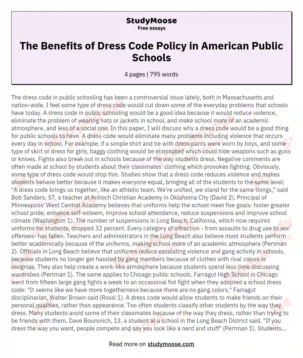 The Benefits of Dress Code Policy in American Public Schools essay