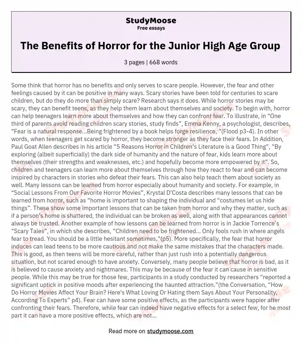 The Benefits of Horror for the Junior High Age Group  essay