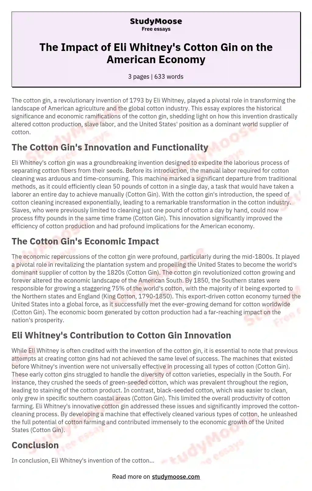 The Impact of Eli Whitney's Cotton Gin on the American Economy essay