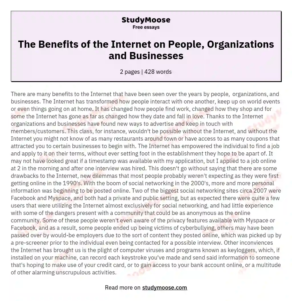 The Benefits of the Internet on People, Organizations and Businesses essay