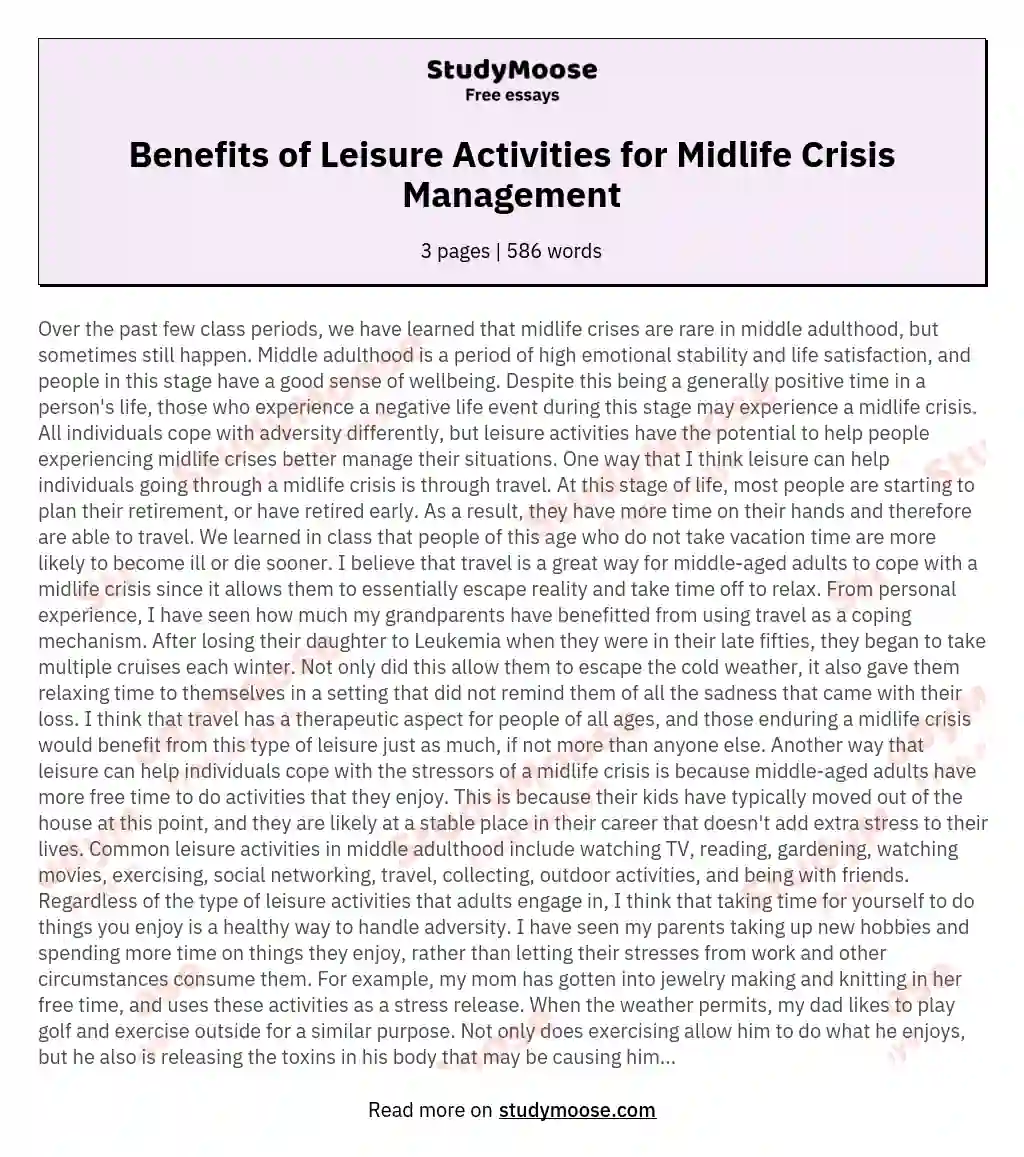 Benefits of Leisure Activities for Midlife Crisis Management essay