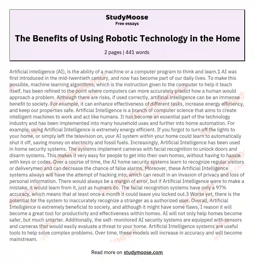 The Benefits of Using Robotic Technology in the Home essay