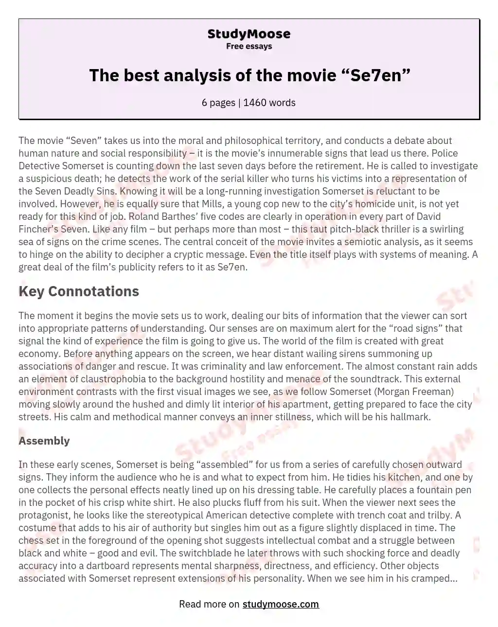 The best analysis of the movie “Se7en” essay