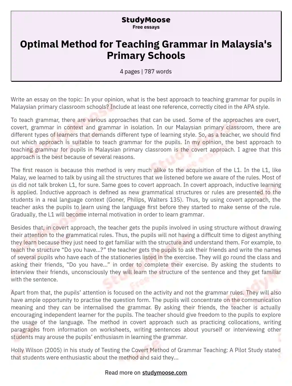 Optimal Method for Teaching Grammar in Malaysia's Primary Schools essay