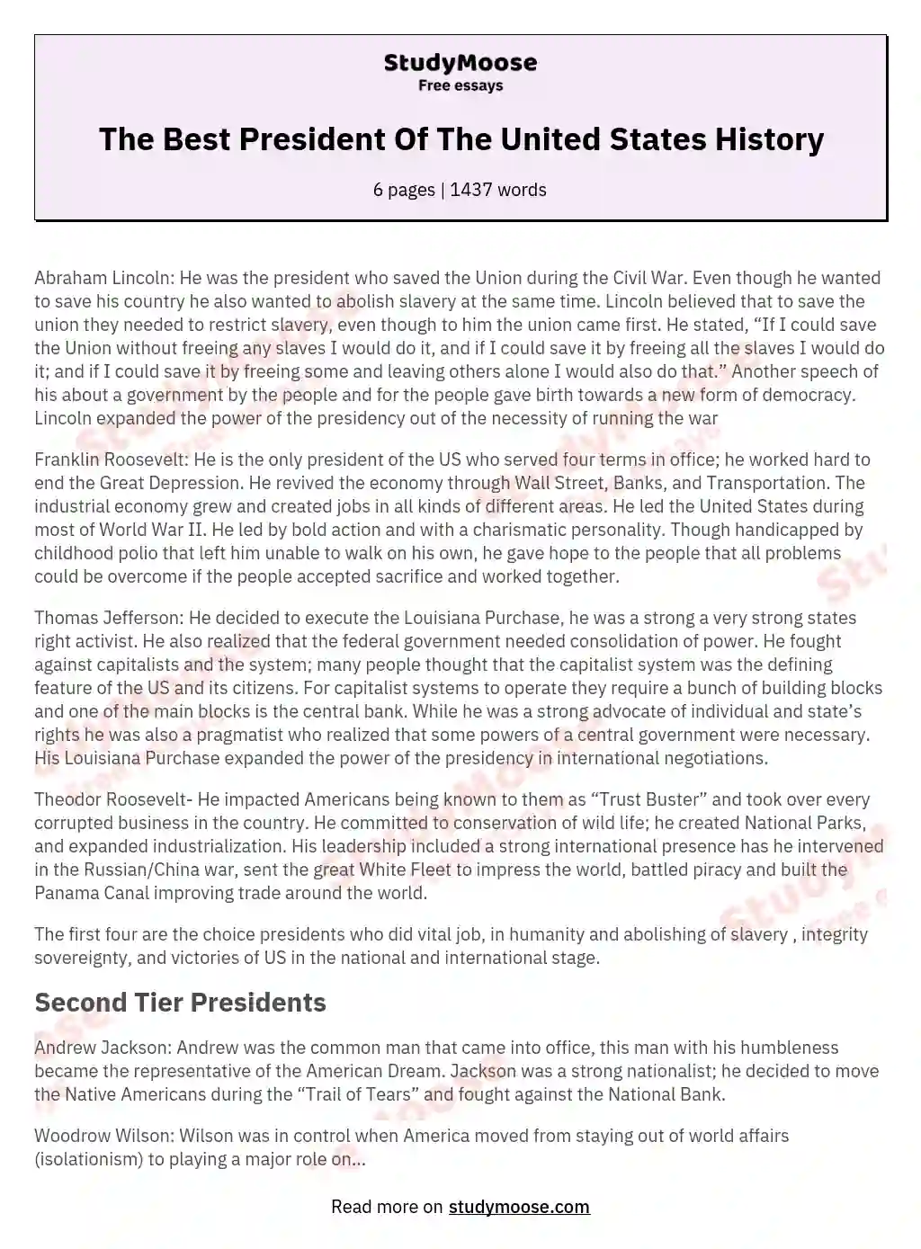 The Best President Of The United States History essay