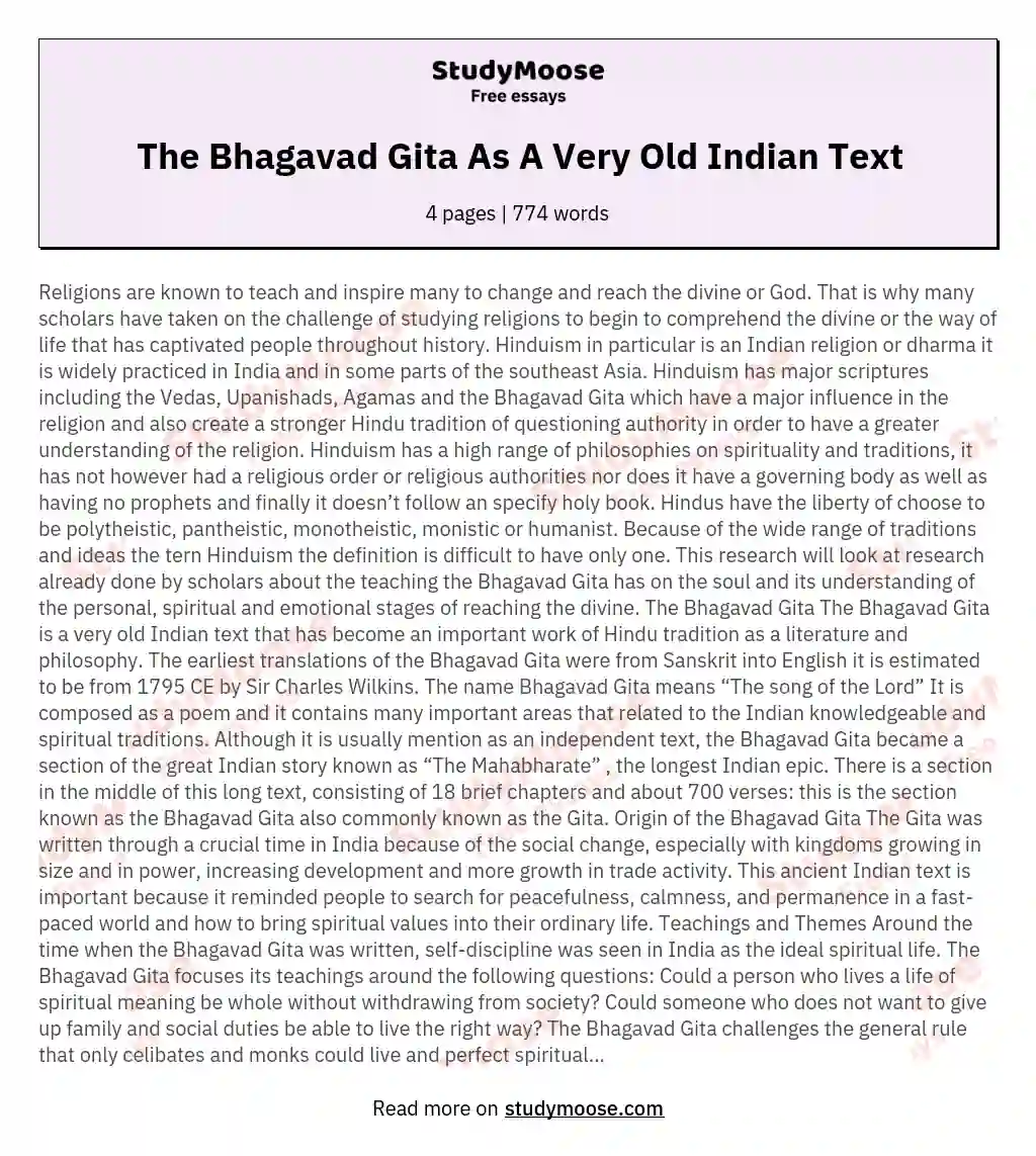 The Bhagavad Gita As A Very Old Indian Text essay